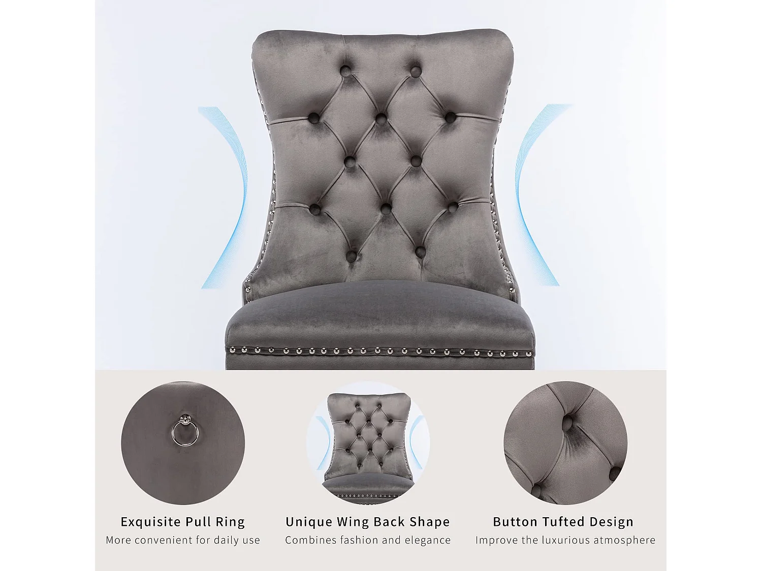 Romsey Set of 6 Dining Chairs Upholstered in Velvet with Oak Legs and Knocker Ring Back