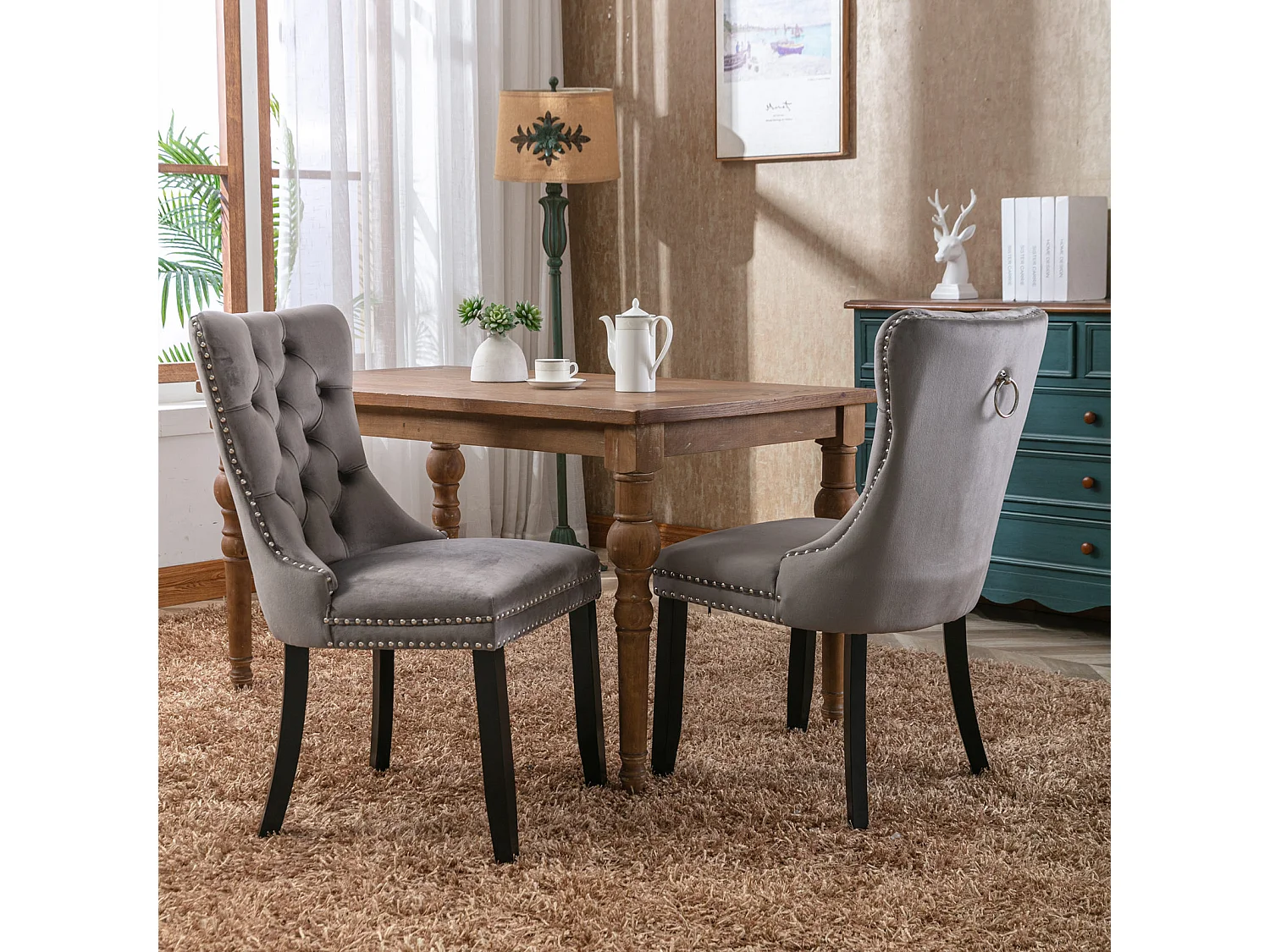 Romsey Set of 6 Dining Chairs Upholstered in Velvet with Oak Legs and Knocker Ring Back