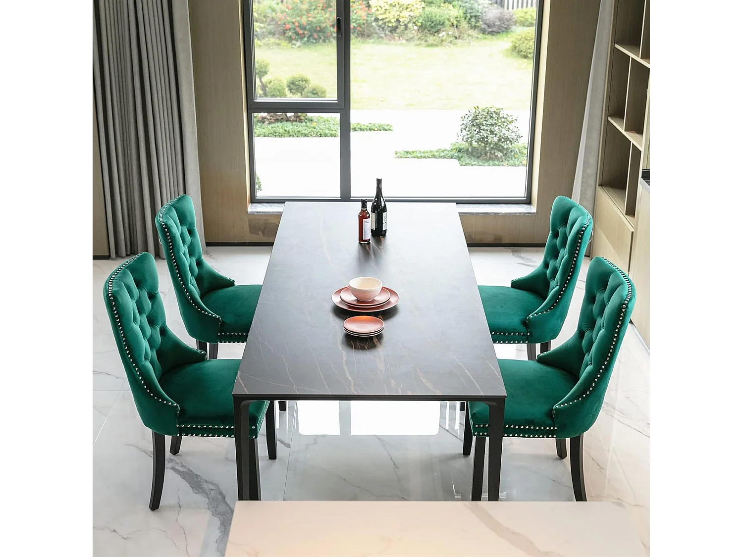 Romsey Set of 4 Dining Chairs Upholstered in Velvet with Oak Legs and Knocker Ring Back