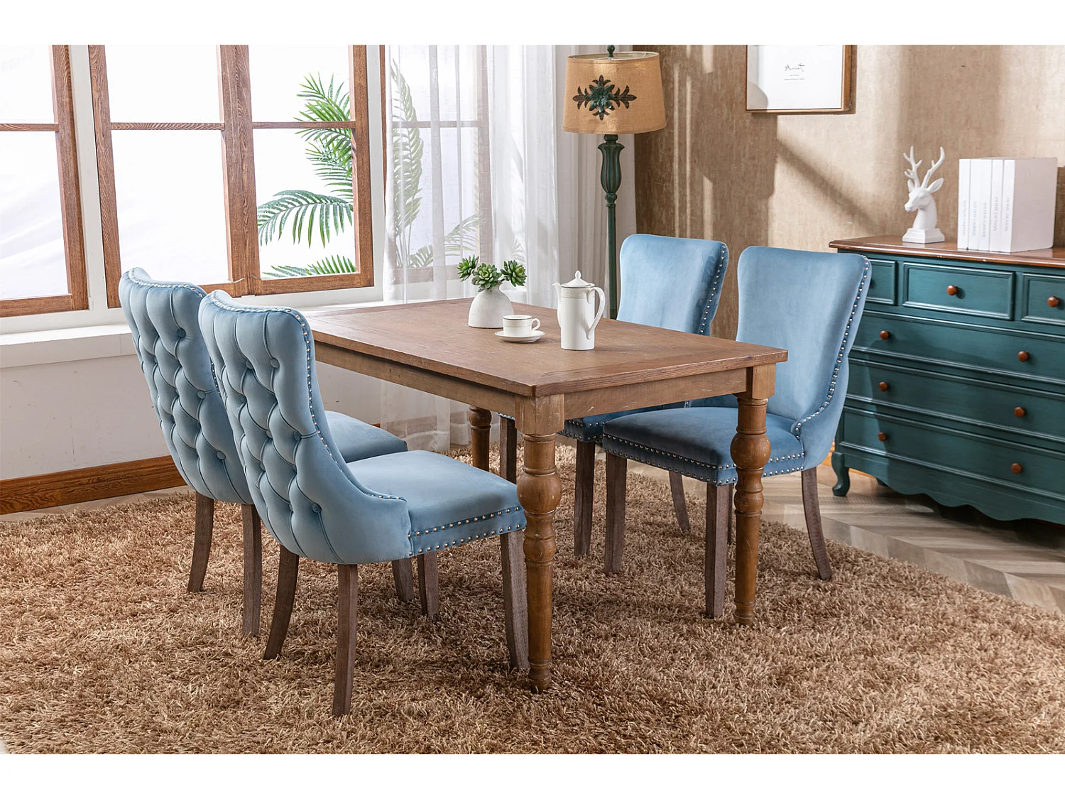Sierra Set of 4 Wing Back Dining Chairs with Velvet Tufted and Oak Wood Legs