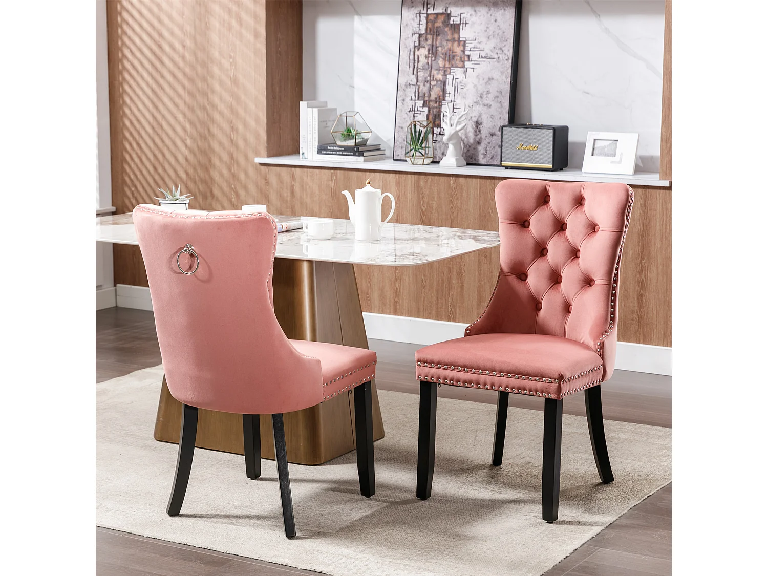 Romsey Set of 2 Dining Chairs Upholstered in Velvet with Oak Legs and Knocker Ring Back
