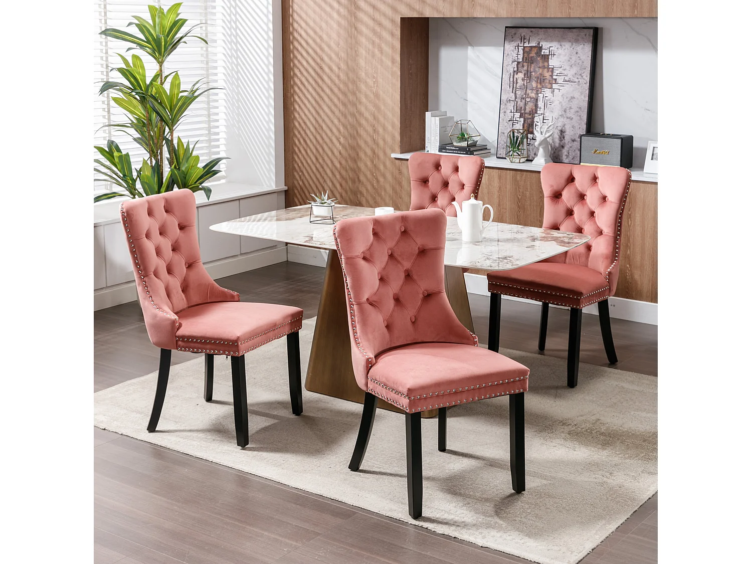 Romsey Set of 2 Dining Chairs Upholstered in Velvet with Oak Legs and Knocker Ring Back