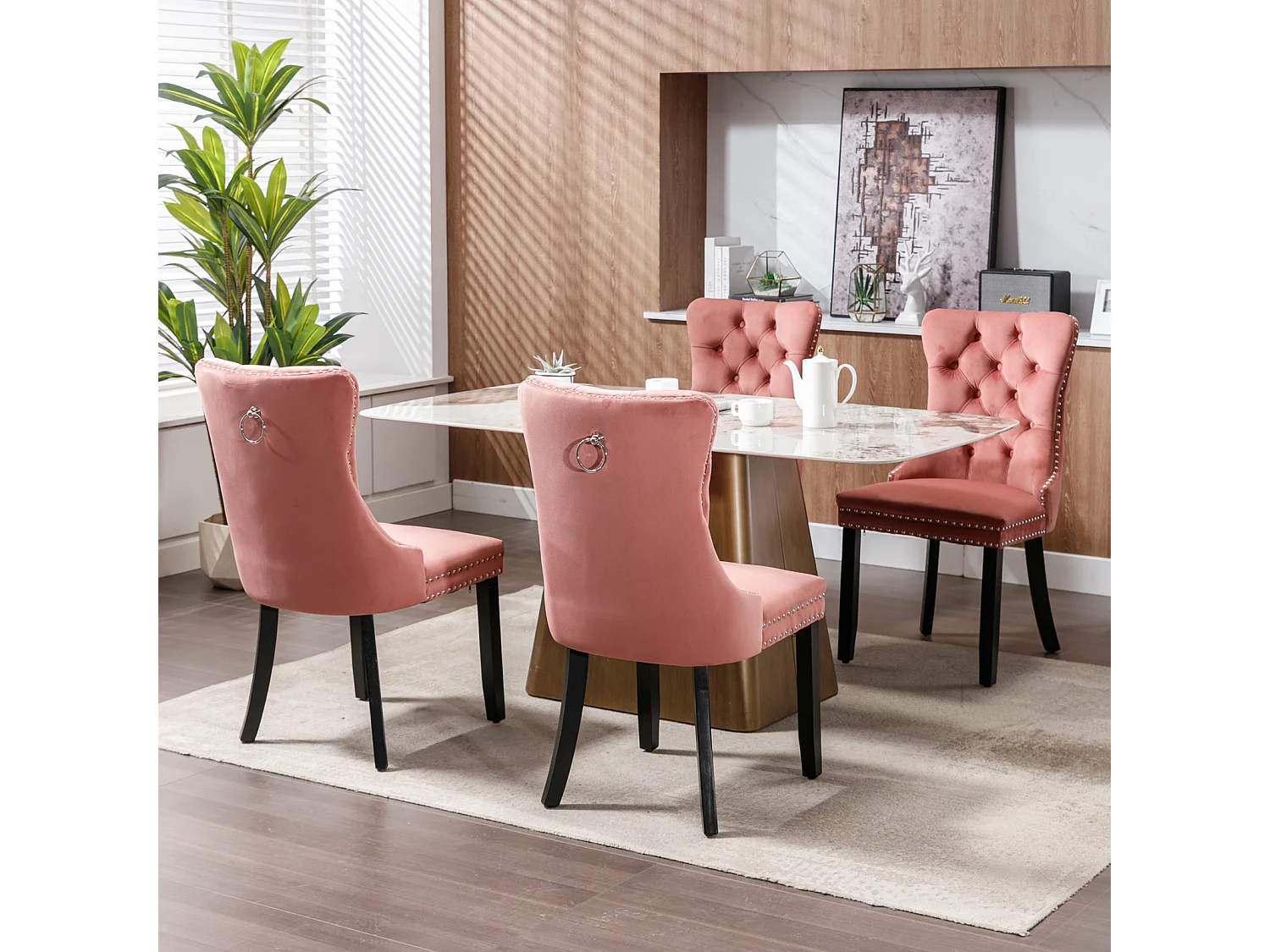 Romsey Set of 2 Dining Chairs Upholstered in Velvet with Oak Legs and Knocker Ring Back