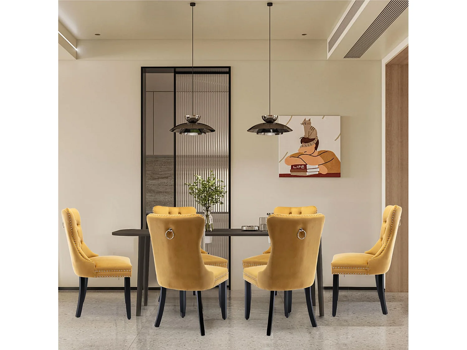 Romsey Set of 4 Dining Chairs Upholstered in Velvet with Oak Legs and Knocker Ring Back