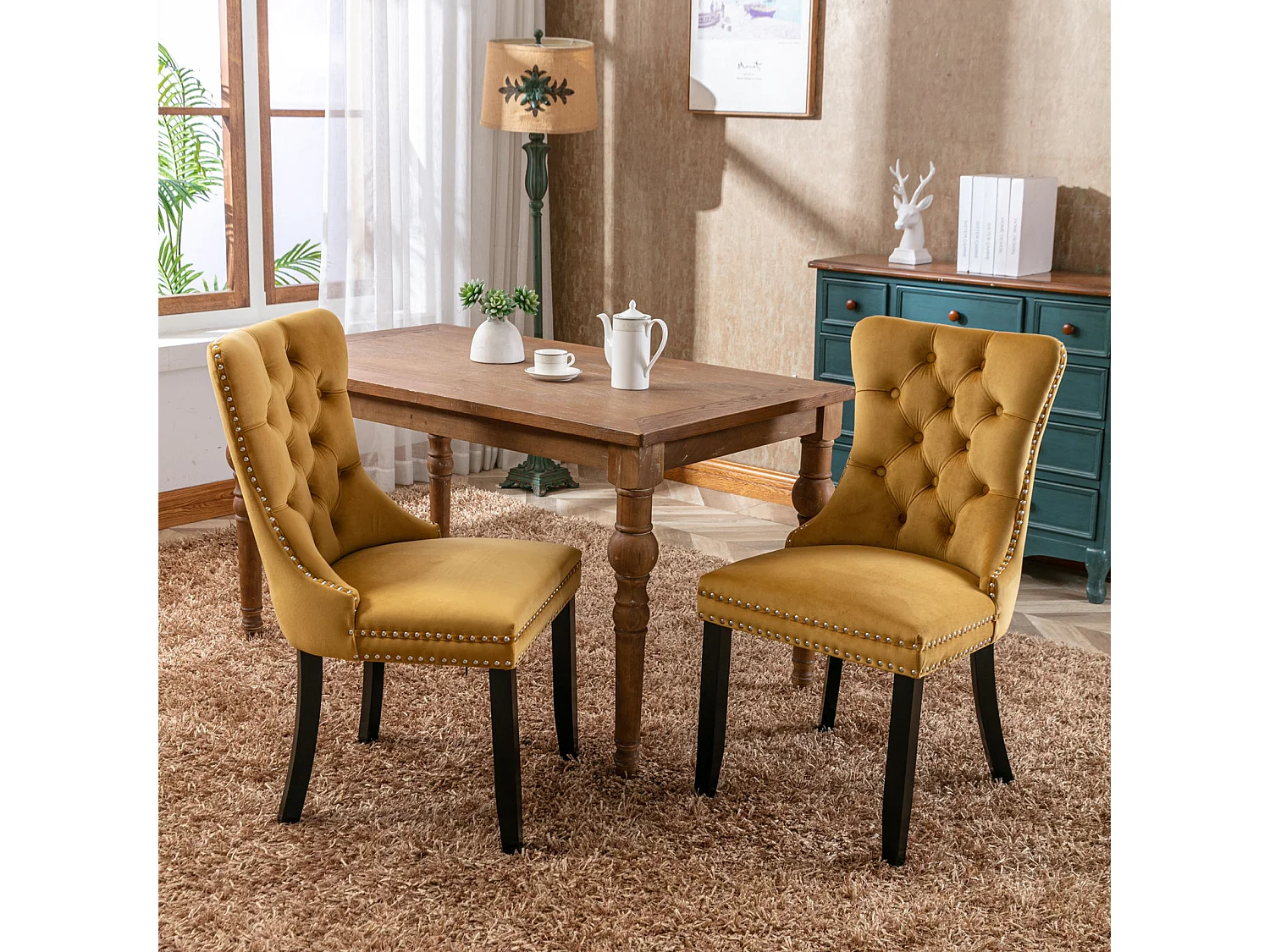Romsey Set of 4 Dining Chairs Upholstered in Velvet with Oak Legs and Knocker Ring Back