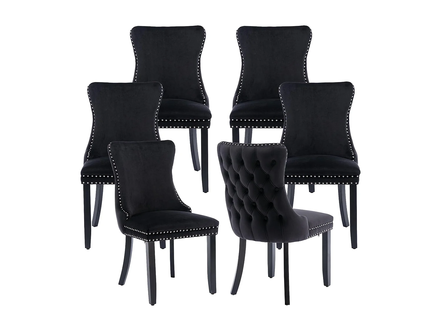 Sierra Set of 6 Wing Back Dining Chairs with Velvet Tufted & Oak Wood Legs