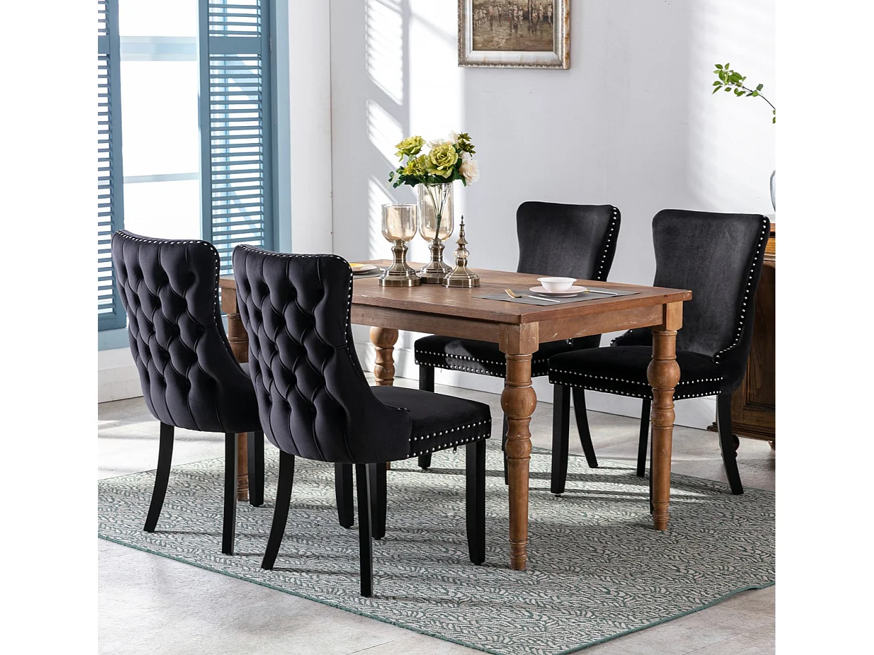 Sierra Set of 6 Wing Back Dining Chairs with Velvet Tufted & Oak Wood Legs