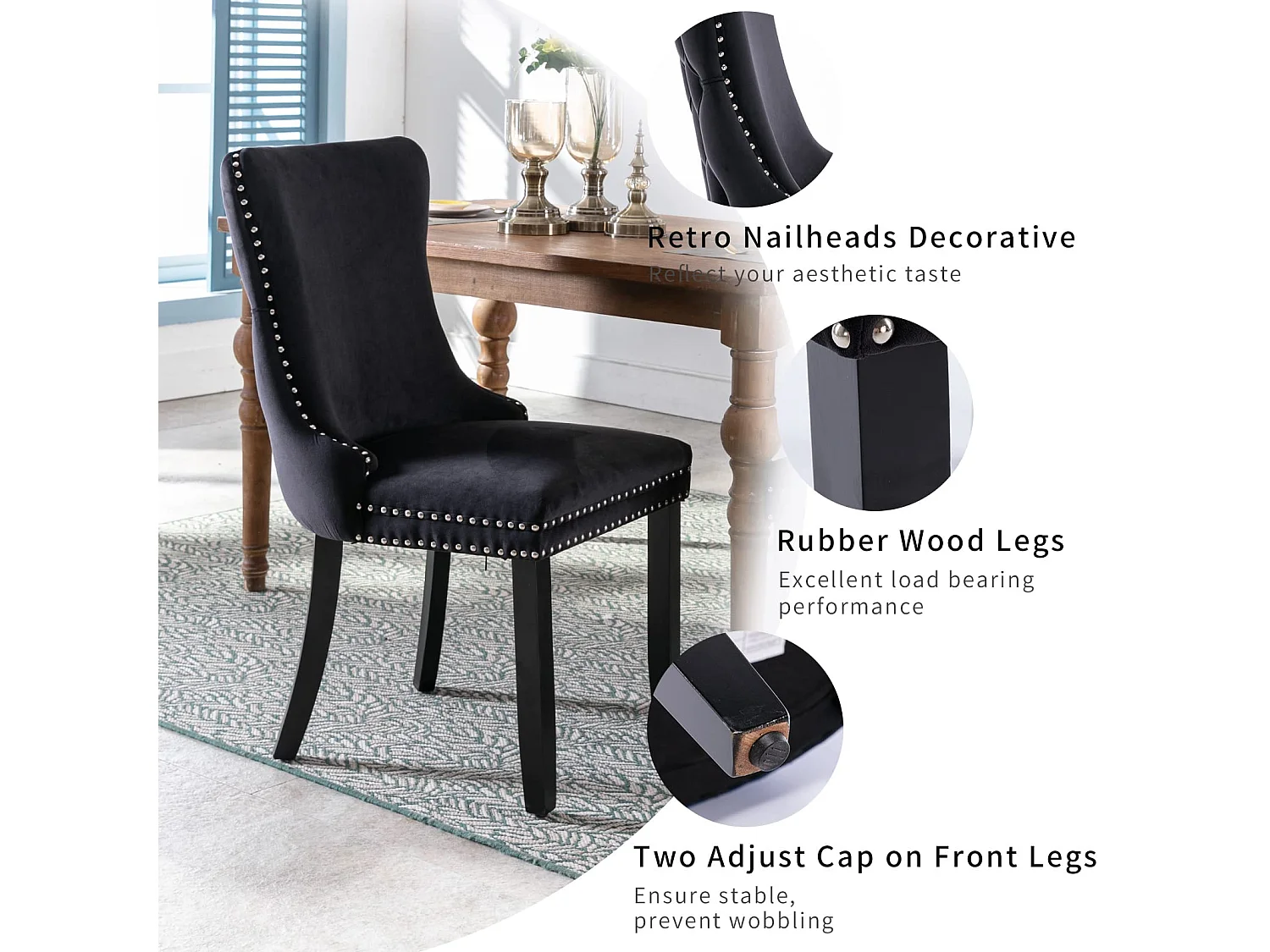 Sierra Set of 6 Wing Back Dining Chairs with Velvet Tufted & Oak Wood Legs