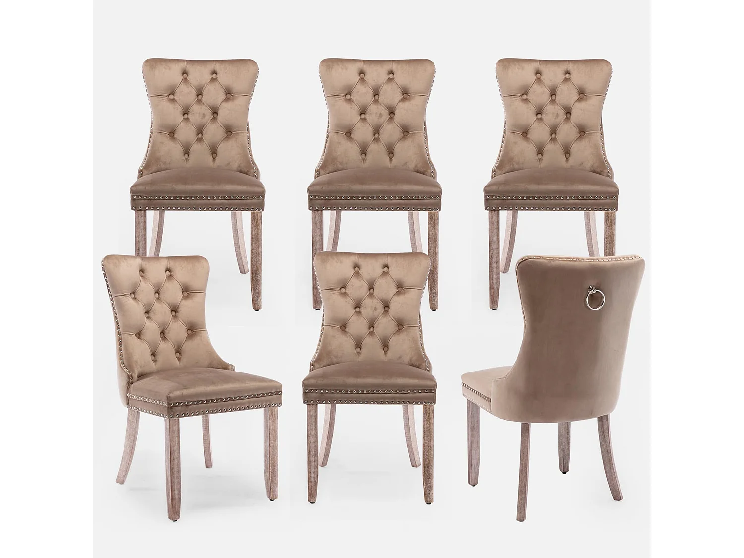 Romsey Set of 6 Dining Chairs Upholstered in Velvet with Oak Legs and Knocker Ring Back