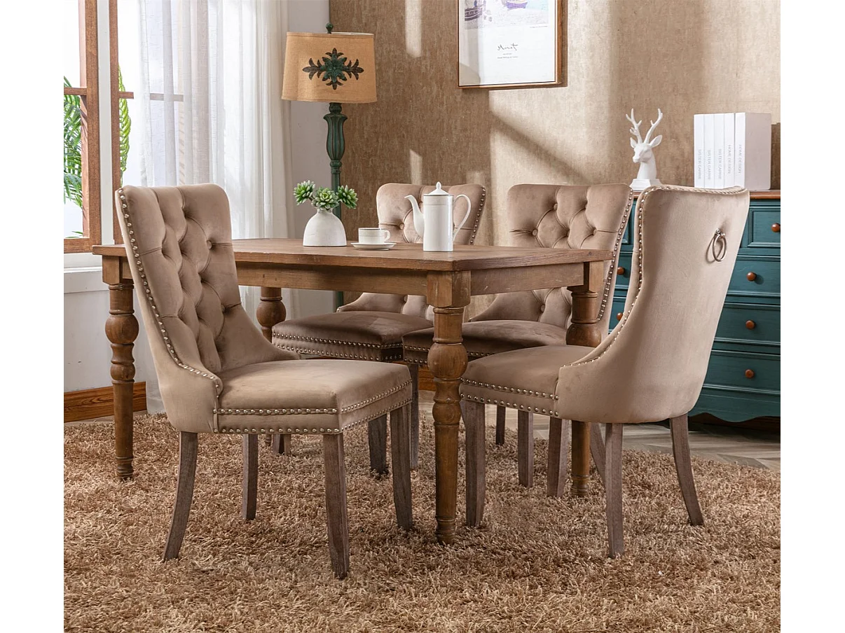 Romsey Set of 6 Dining Chairs Upholstered in Velvet with Oak Legs and Knocker Ring Back