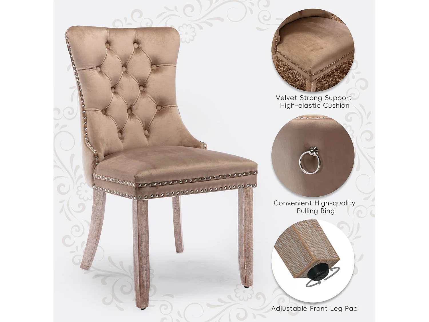 Romsey Set of 6 Dining Chairs Upholstered in Velvet with Oak Legs and Knocker Ring Back