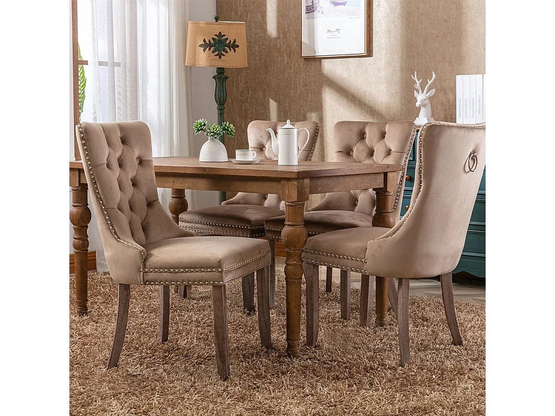 Romsey Set of 6 Dining Chairs Upholstered in Velvet with Oak Legs and Knocker Ring Back