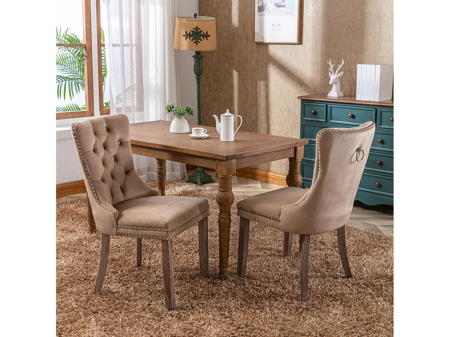 Romsey Set of 2 Dining Chairs Upholstered in Velvet with Oak Legs and Knocker Ring Back