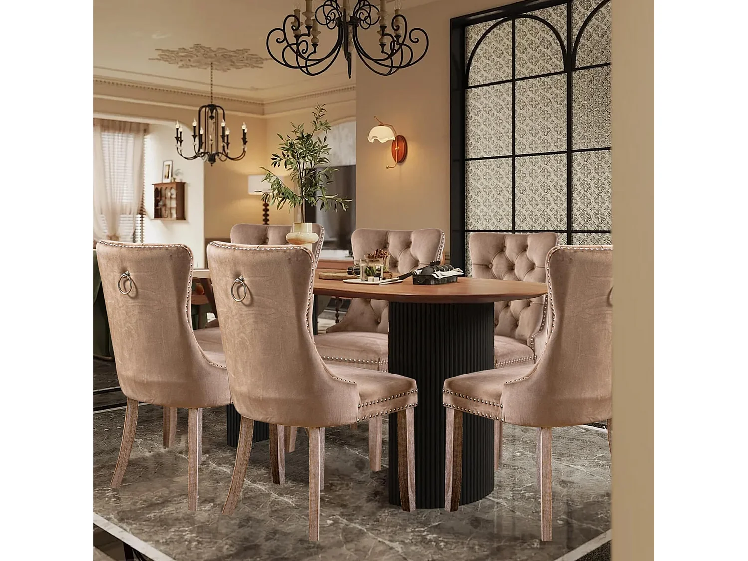 Romsey Set of 2 Dining Chairs Upholstered in Velvet with Oak Legs and Knocker Ring Back