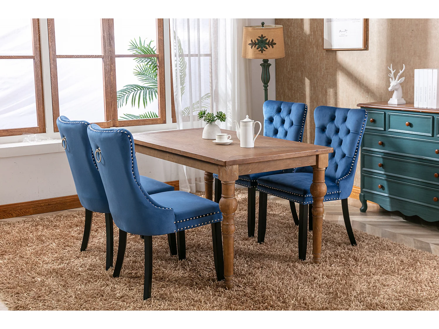 Romsey Set of 4 Dining Chairs Upholstered in Velvet with Oak Legs and Knocker Ring Back