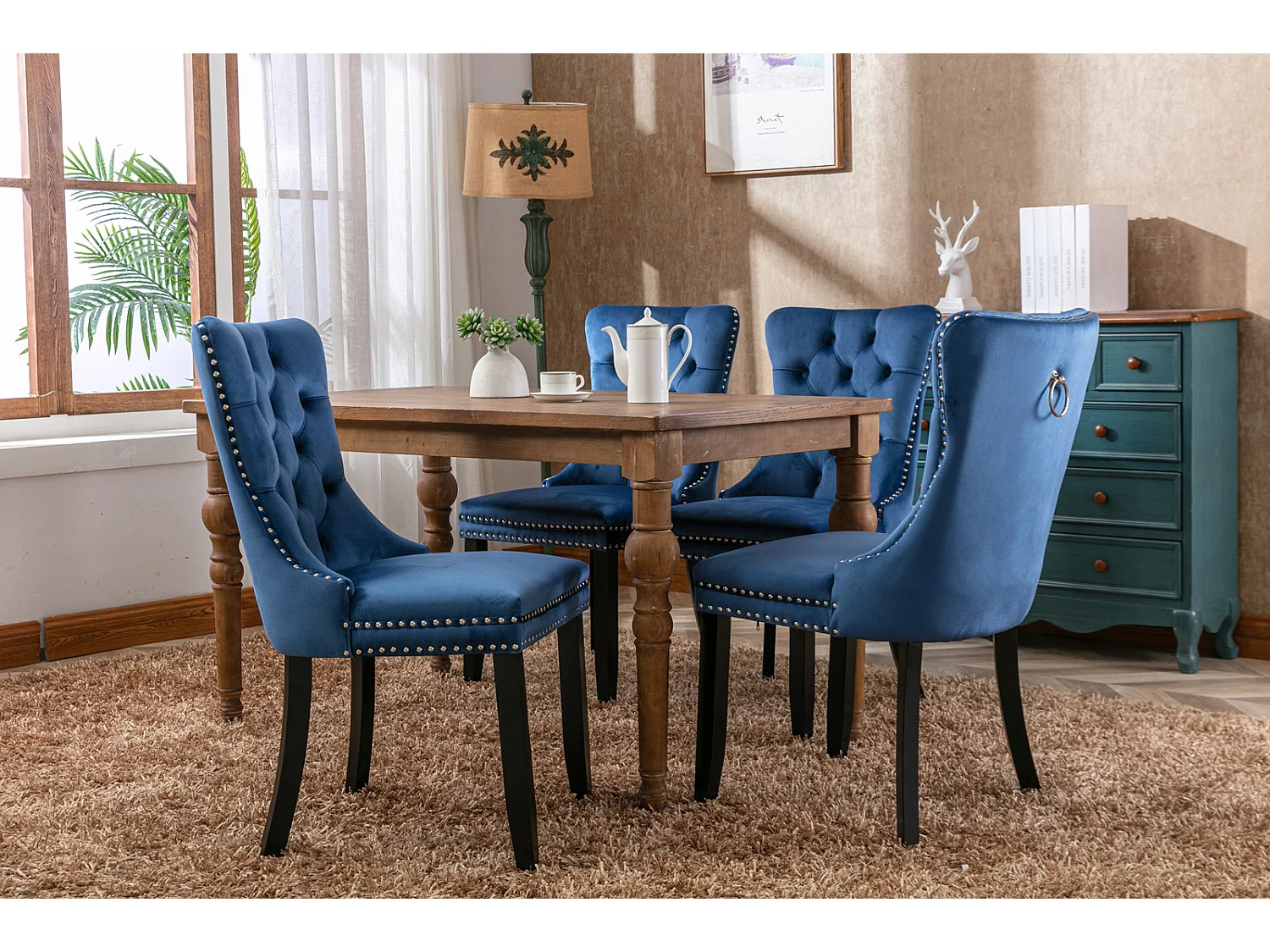 Romsey Set of 4 Dining Chairs Upholstered in Velvet with Oak Legs and Knocker Ring Back