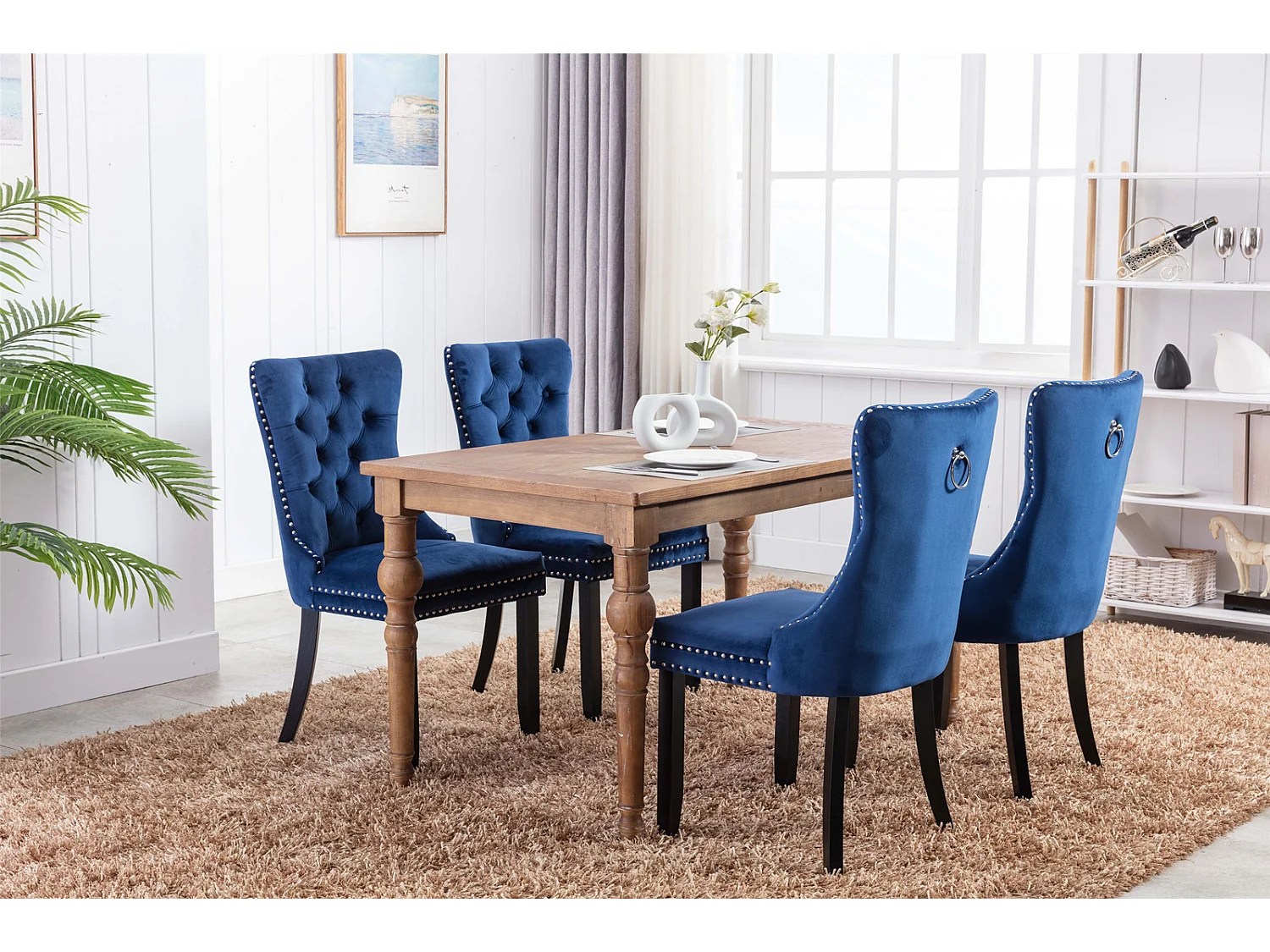Romsey Set of 4 Dining Chairs Upholstered in Velvet with Oak Legs and Knocker Ring Back