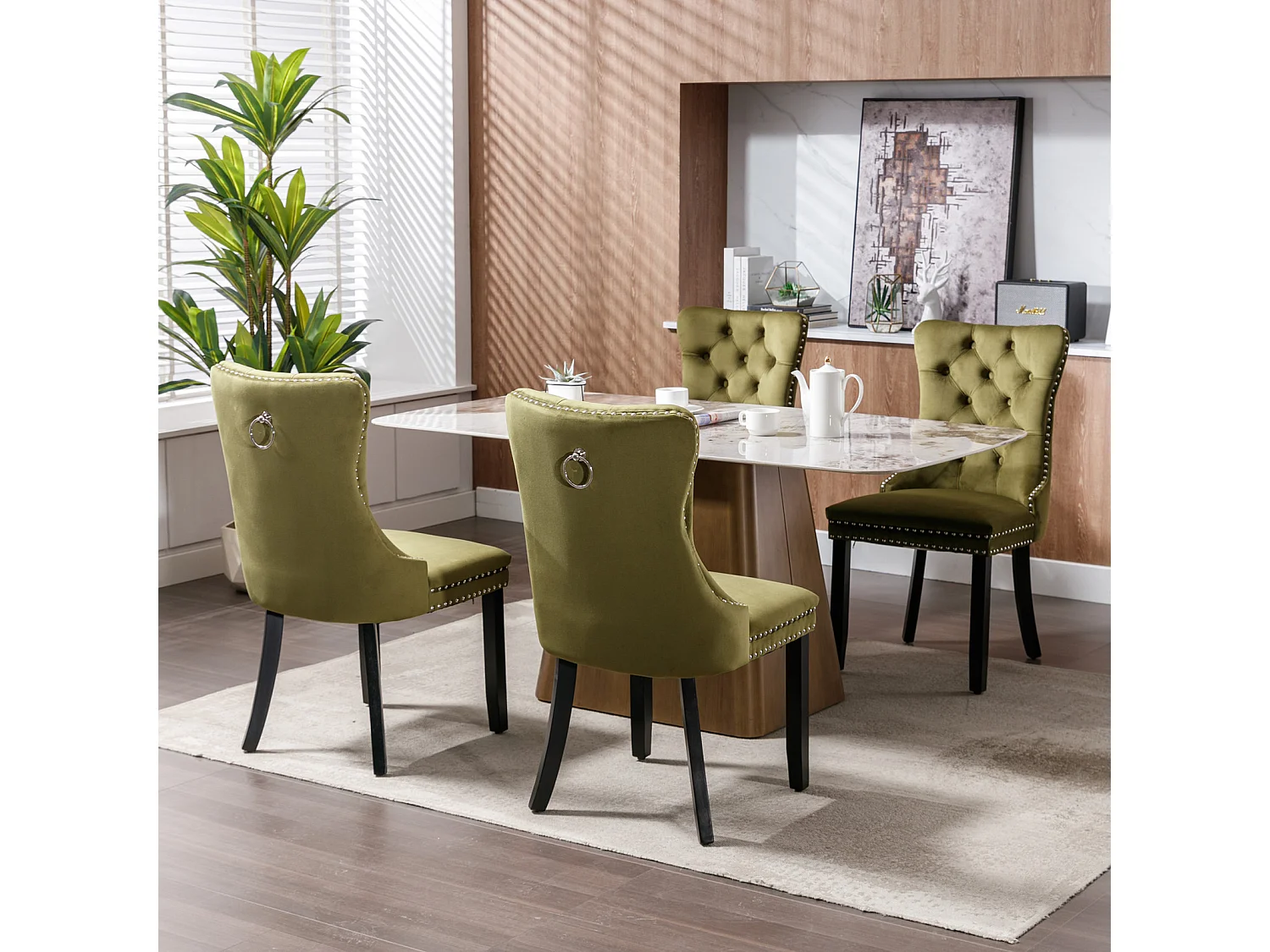 Romsey Set of 2 Dining Chairs Upholstered in Velvet with Oak Legs and Knocker Ring Back