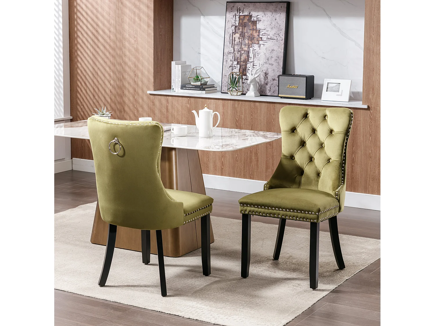 Romsey Set of 2 Dining Chairs Upholstered in Velvet with Oak Legs and Knocker Ring Back