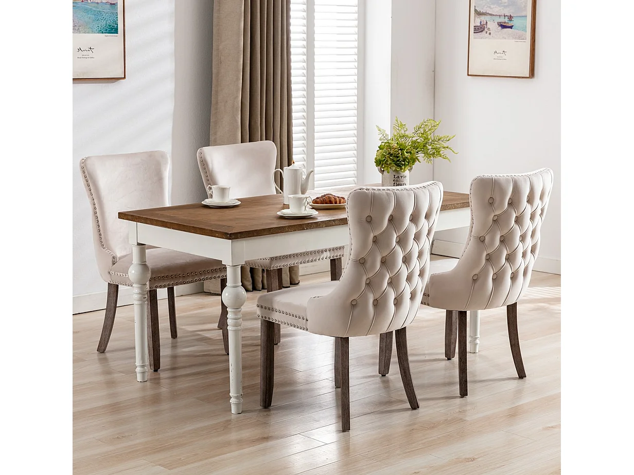 Sierra Set of 4 Wing Back Dining Chairs with Velvet Tufted and Oak Wood Legs