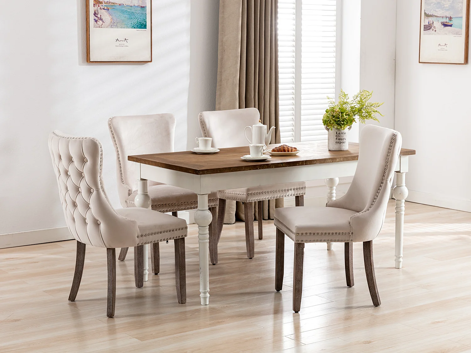 Sierra Set of 4 Wing Back Dining Chairs with Velvet Tufted and Oak Wood Legs