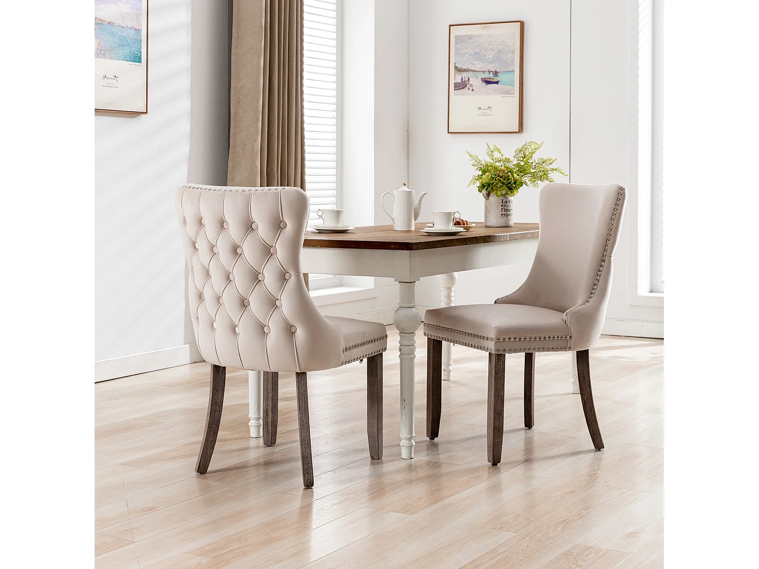 Sierra Set of 4 Wing Back Dining Chairs with Velvet Tufted and Oak Wood Legs