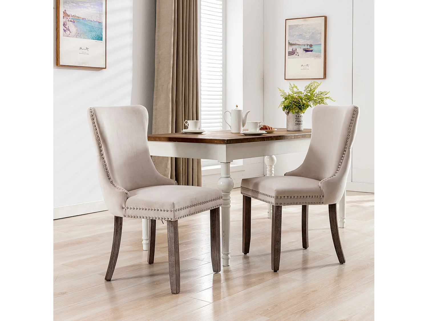 Sierra Set of 4 Wing Back Dining Chairs with Velvet Tufted and Oak Wood Legs