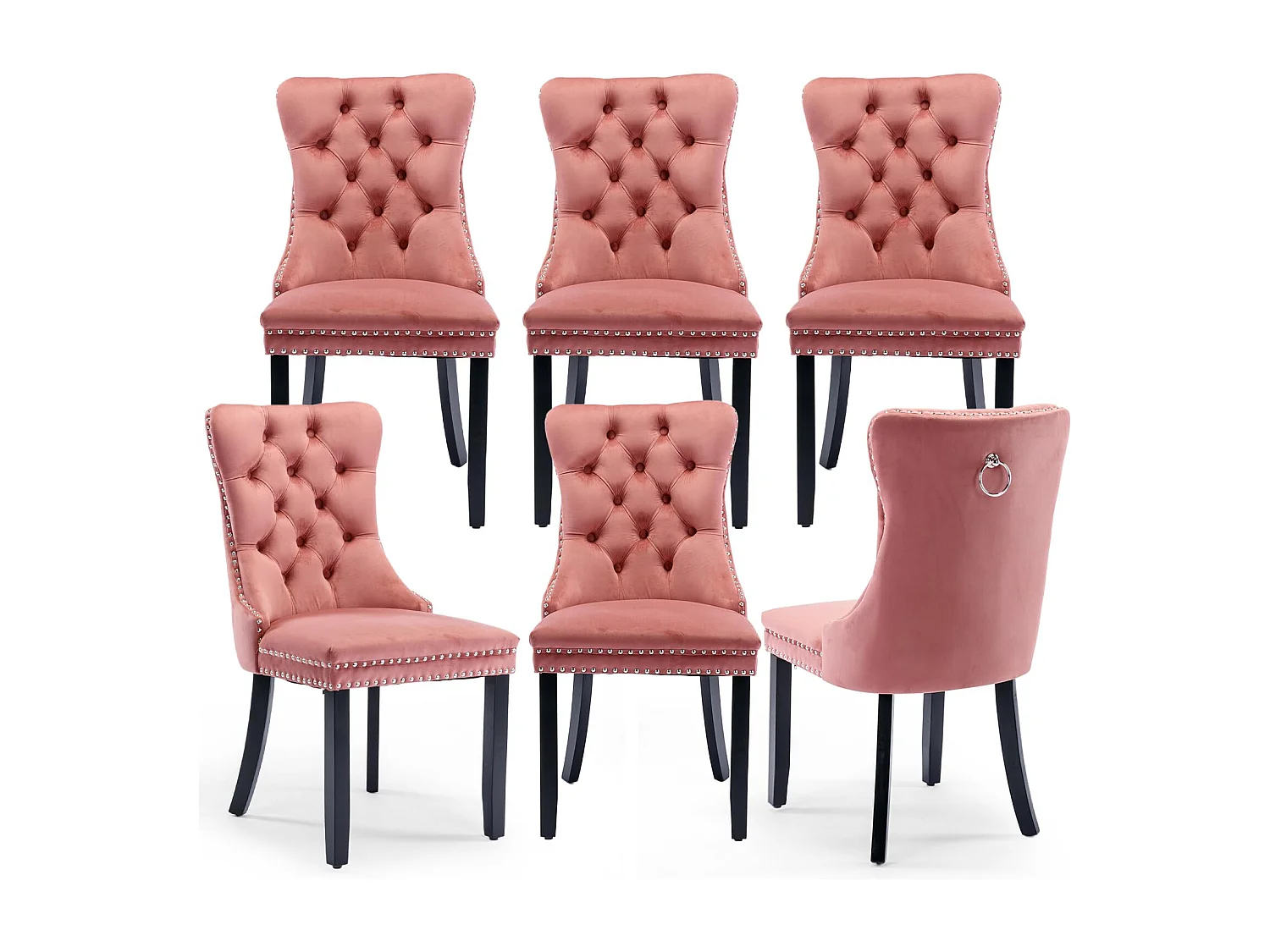 Romsey Set of 6 Dining Chairs Upholstered in Velvet with Oak Legs and Knocker Ring Back
