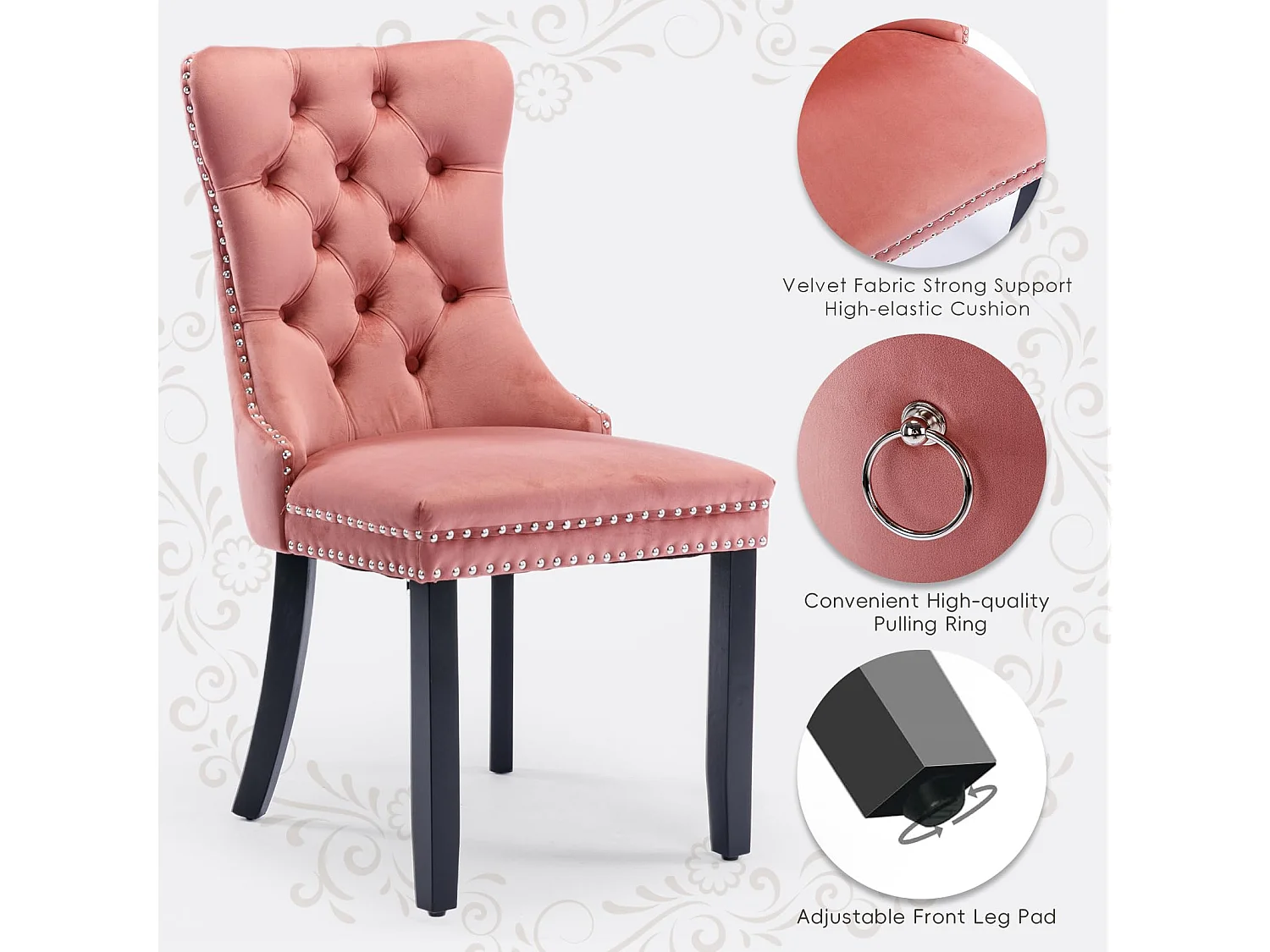 Romsey Set of 6 Dining Chairs Upholstered in Velvet with Oak Legs and Knocker Ring Back