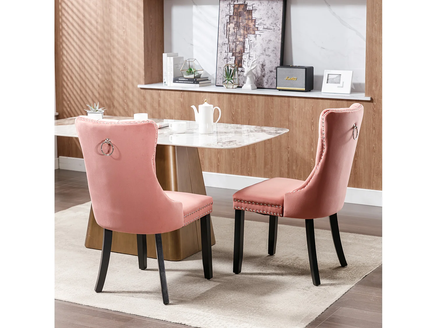 Romsey Set of 6 Dining Chairs Upholstered in Velvet with Oak Legs and Knocker Ring Back
