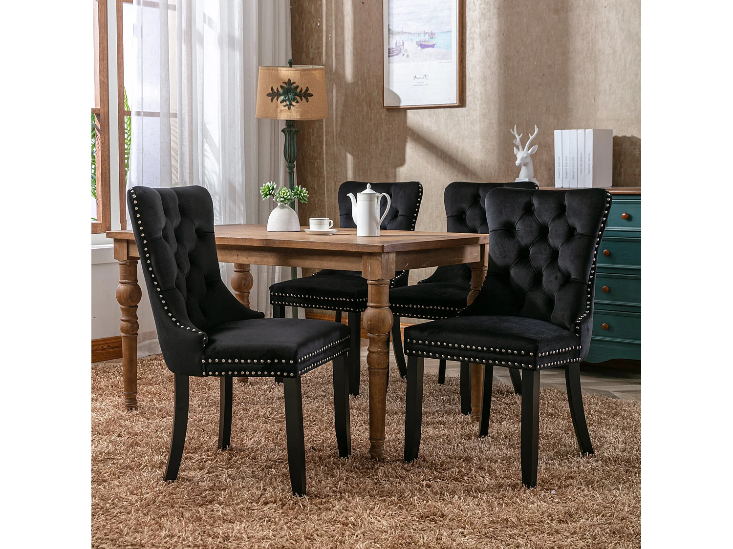 Romsey Set of 4 Dining Chairs Upholstered in Velvet with Oak Legs and Knocker Ring Back