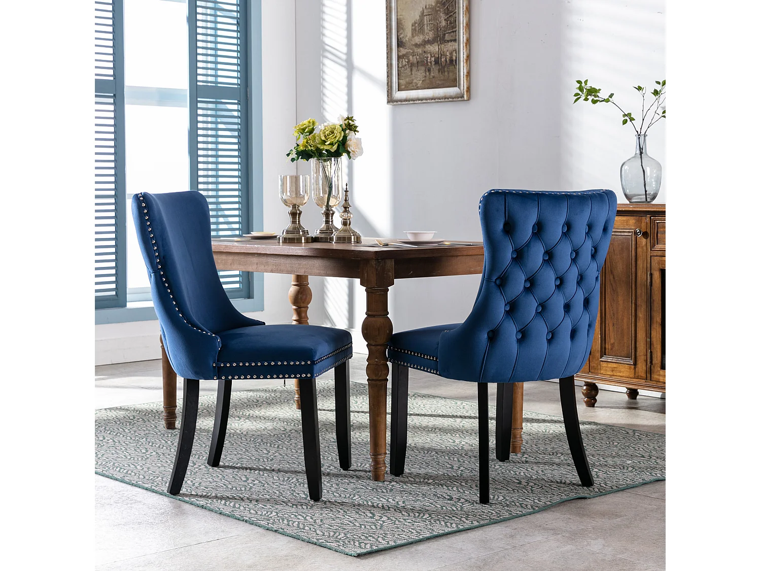 Sierra Set of 2 Wing Back Dining Chairs with Velvet Tufted & Oak Wood Legs