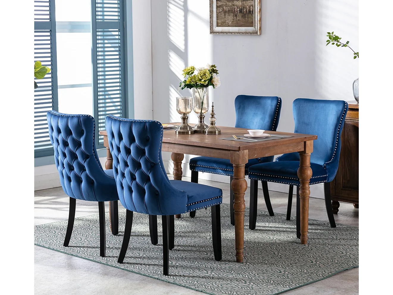 Sierra Set of 2 Wing Back Dining Chairs with Velvet Tufted & Oak Wood Legs
