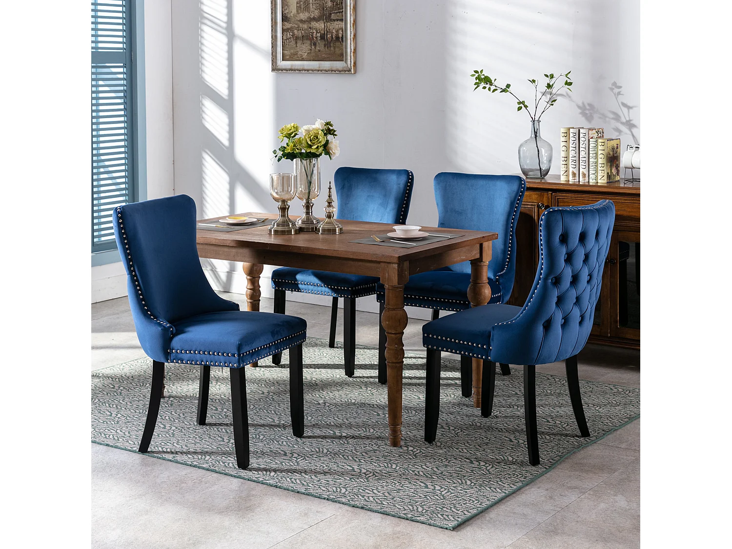 Sierra Set of 2 Wing Back Dining Chairs with Velvet Tufted & Oak Wood Legs