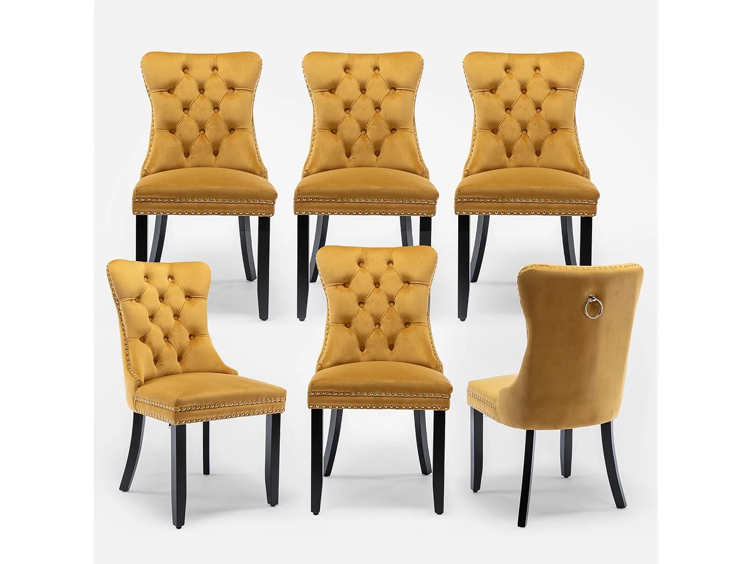 Romsey Set of 6 Dining Chairs Upholstered in Velvet with Oak Legs and Knocker Ring Back