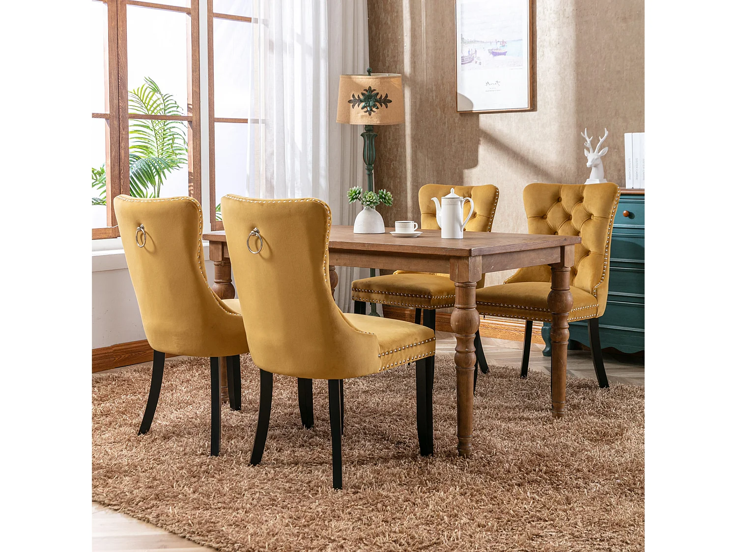 Romsey Set of 6 Dining Chairs Upholstered in Velvet with Oak Legs and Knocker Ring Back