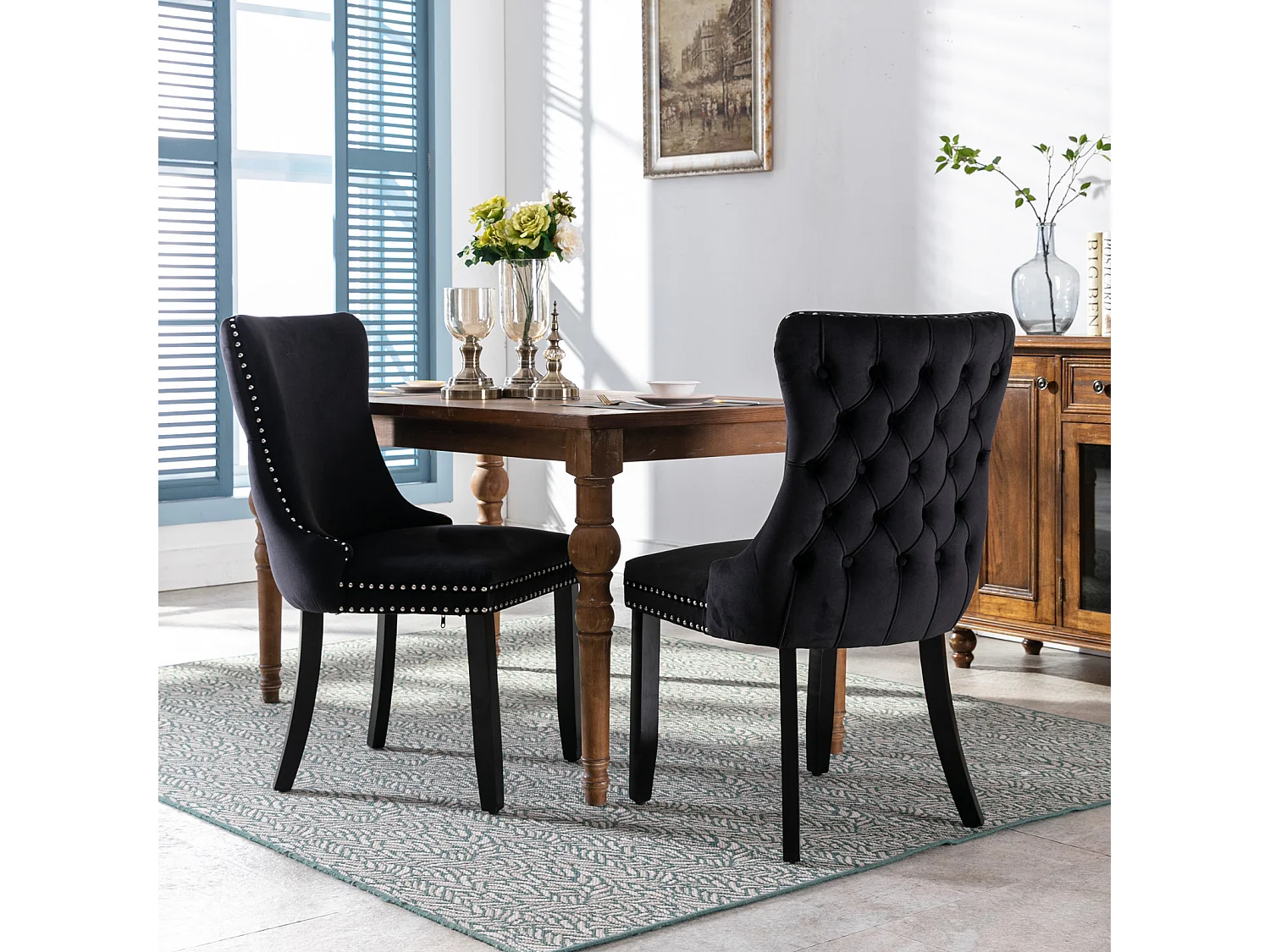 Sierra Set of 2 Wing Back Dining Chairs with Velvet Tufted & Oak Wood Legs
