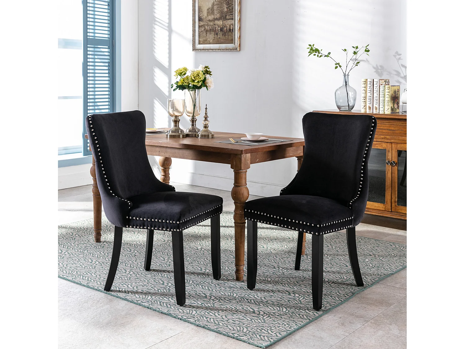 Sierra Set of 2 Wing Back Dining Chairs with Velvet Tufted & Oak Wood Legs