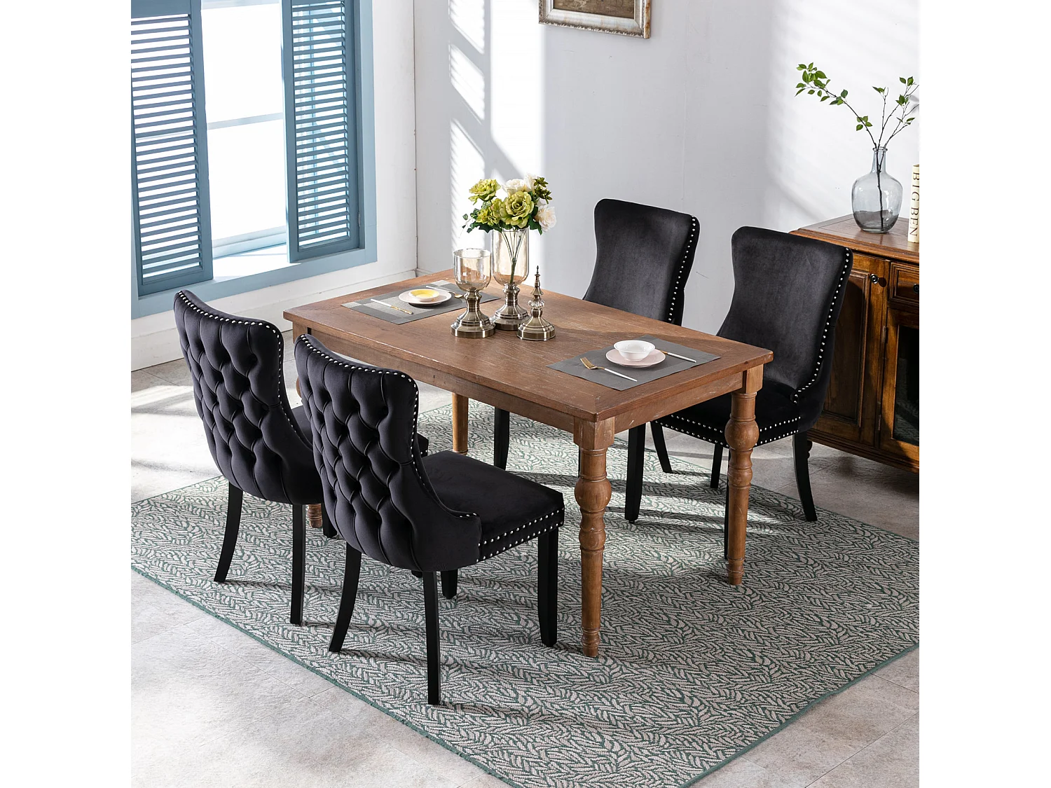 Sierra Set of 2 Wing Back Dining Chairs with Velvet Tufted & Oak Wood Legs