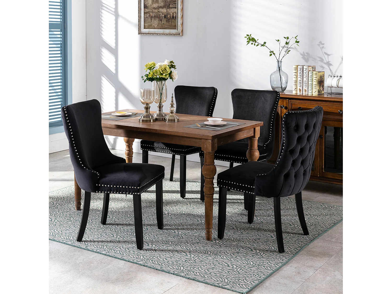 Sierra Set of 2 Wing Back Dining Chairs with Velvet Tufted & Oak Wood Legs