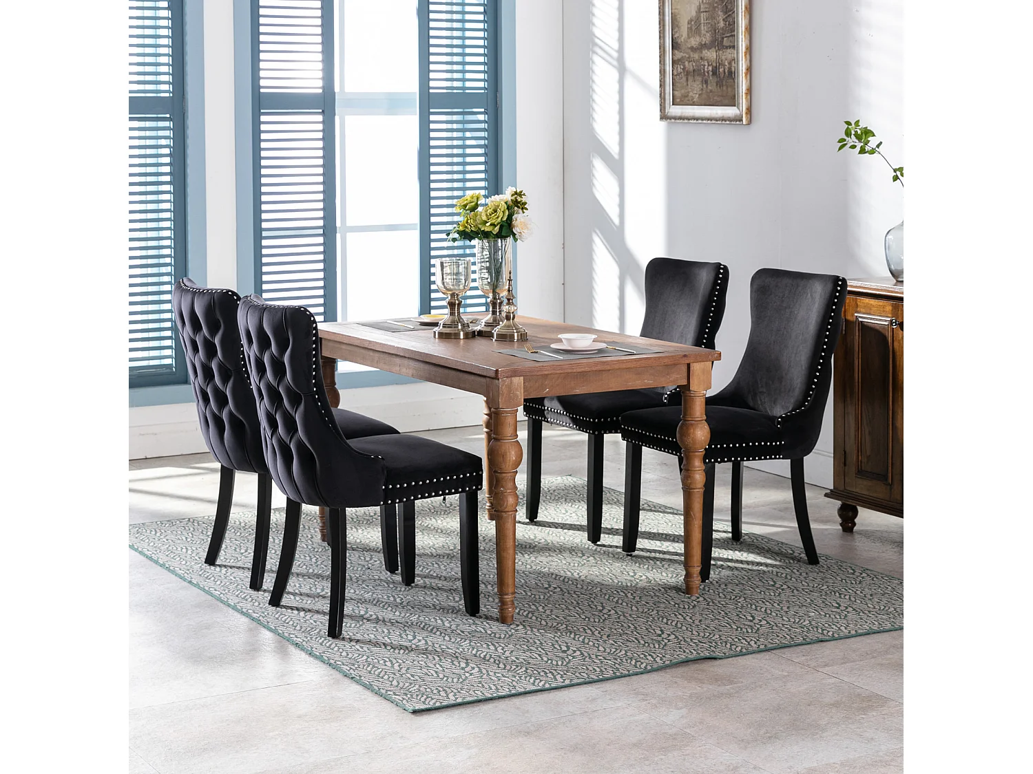 Sierra Set of 2 Wing Back Dining Chairs with Velvet Tufted & Oak Wood Legs