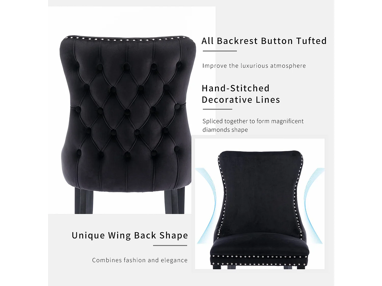 Sierra Set of 2 Wing Back Dining Chairs with Velvet Tufted & Oak Wood Legs