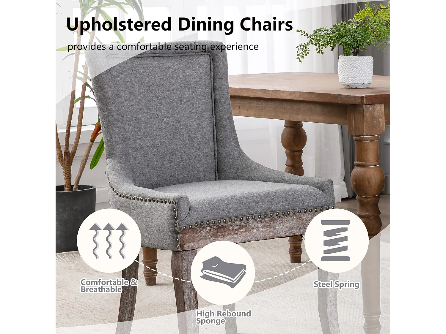 Bewley Set of 2 Dining Chairs Upholstered in Linen with Oak Wood Legs