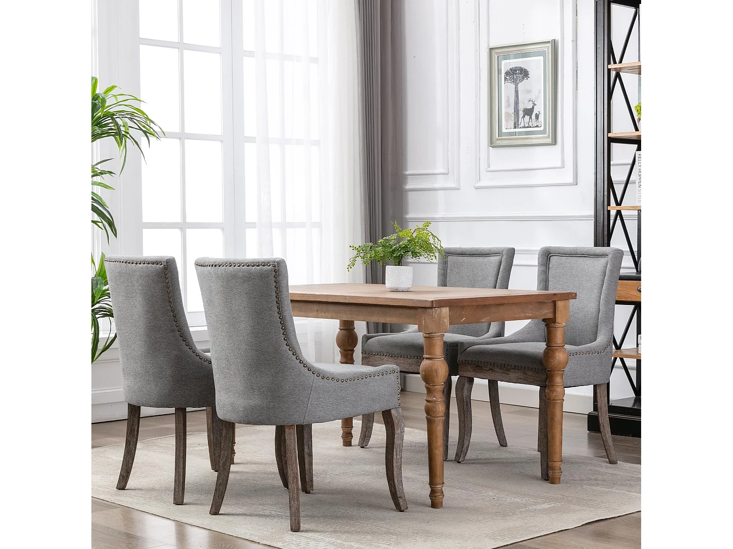 Bewley Set of 6 Dining Chairs Upholstered in Linen with Oak Wood Legs