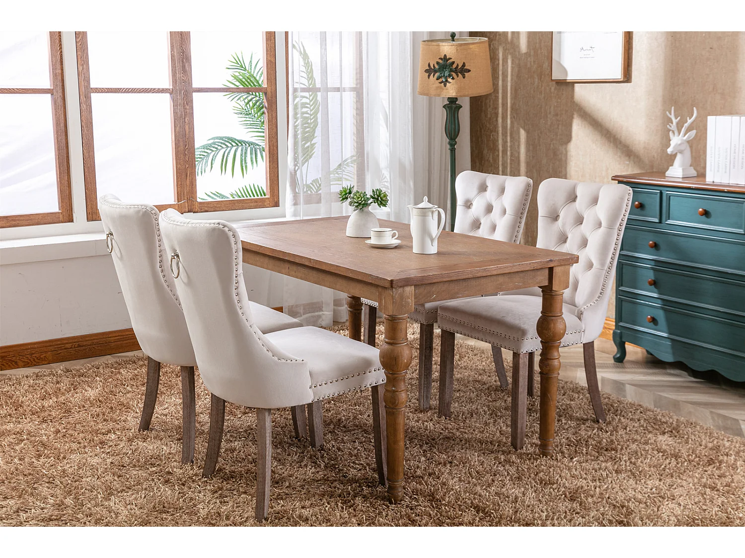 Romsey Set of 4 Dining Chairs Upholstered in Velvet with Oak Legs and Knocker Ring Back