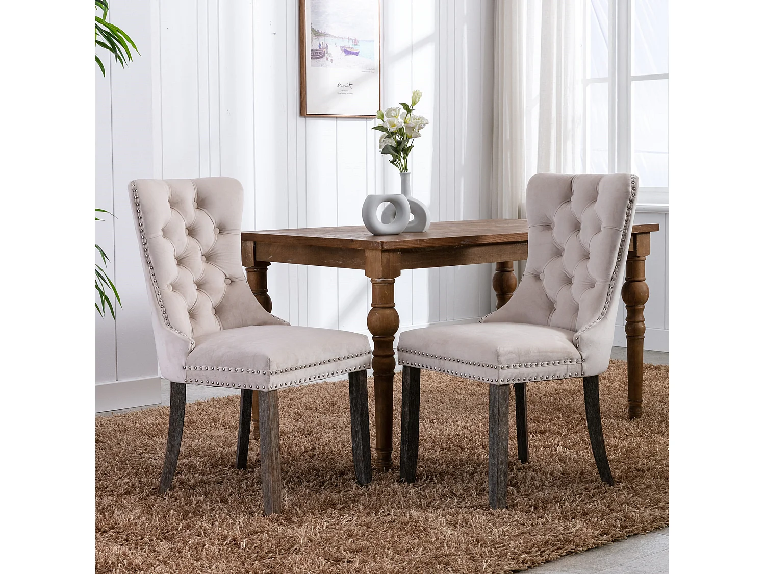 Romsey Set of 4 Dining Chairs Upholstered in Velvet with Oak Legs and Knocker Ring Back