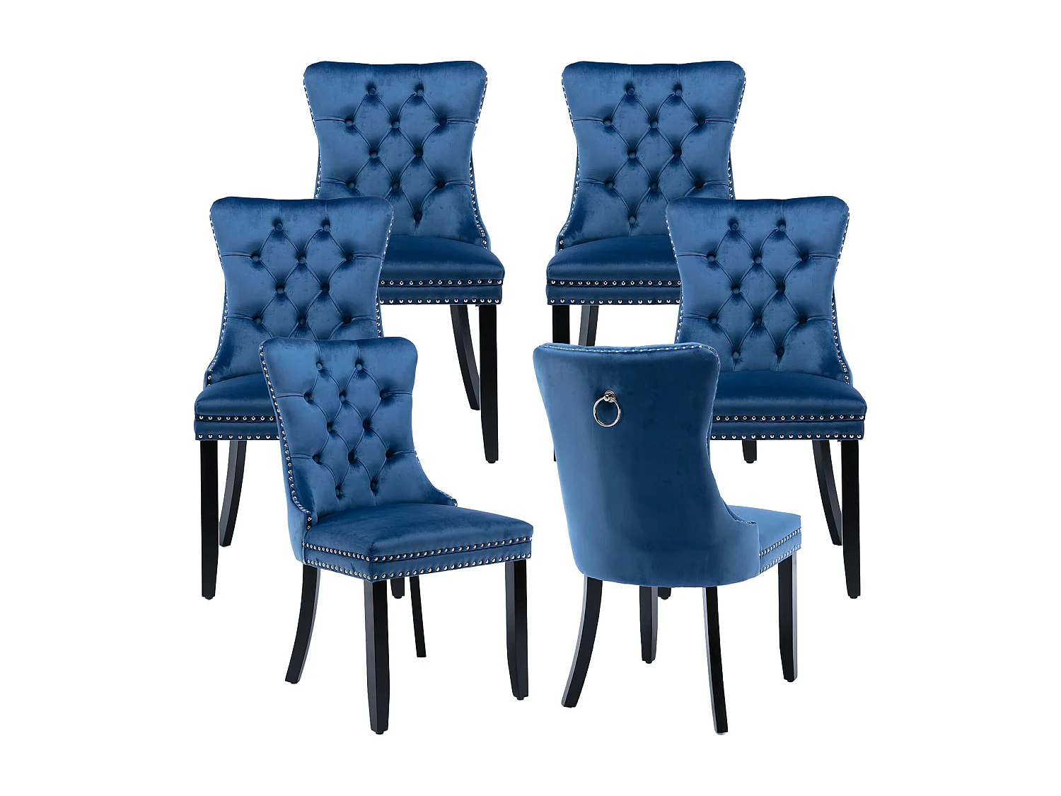 Romsey Set of 6 Dining Chairs Upholstered in Velvet with Oak Legs and Knocker Ring Back