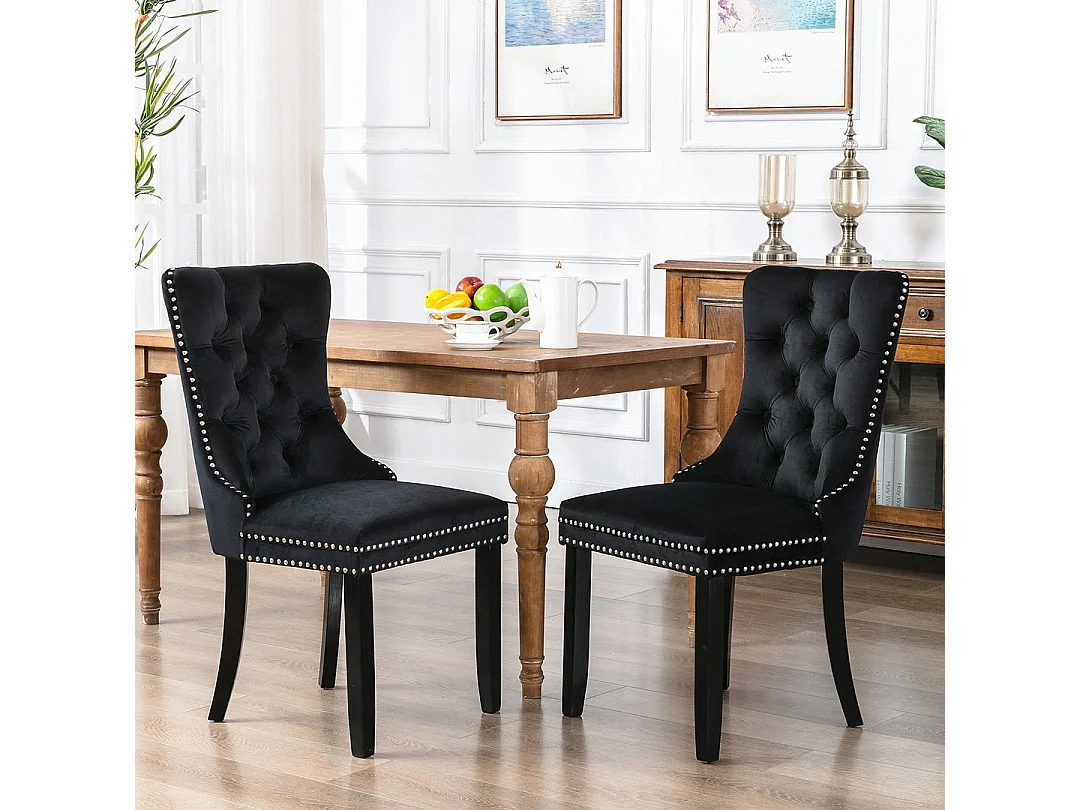 Romsey Set of 2 Dining Chairs Upholstered in Velvet with Oak Legs and Knocker Ring Back