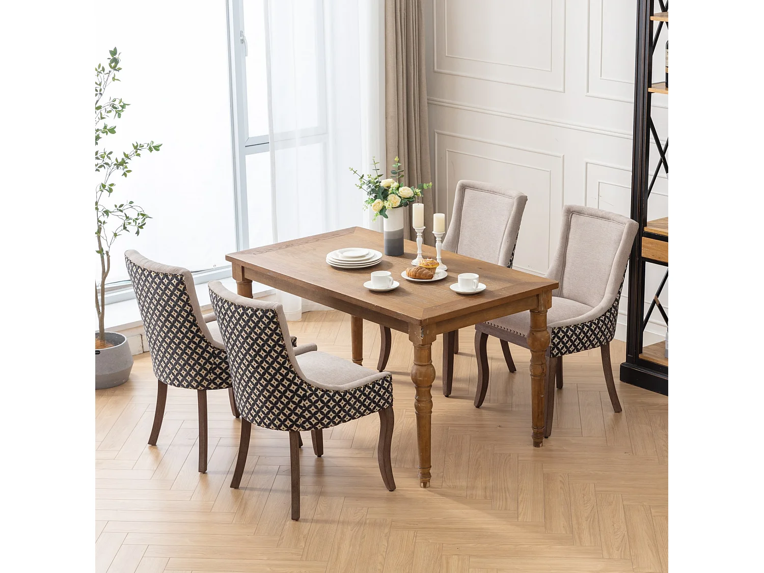 Bewley Set of 6 Dining Chairs Upholstered in Linen with Oak Wood Legs