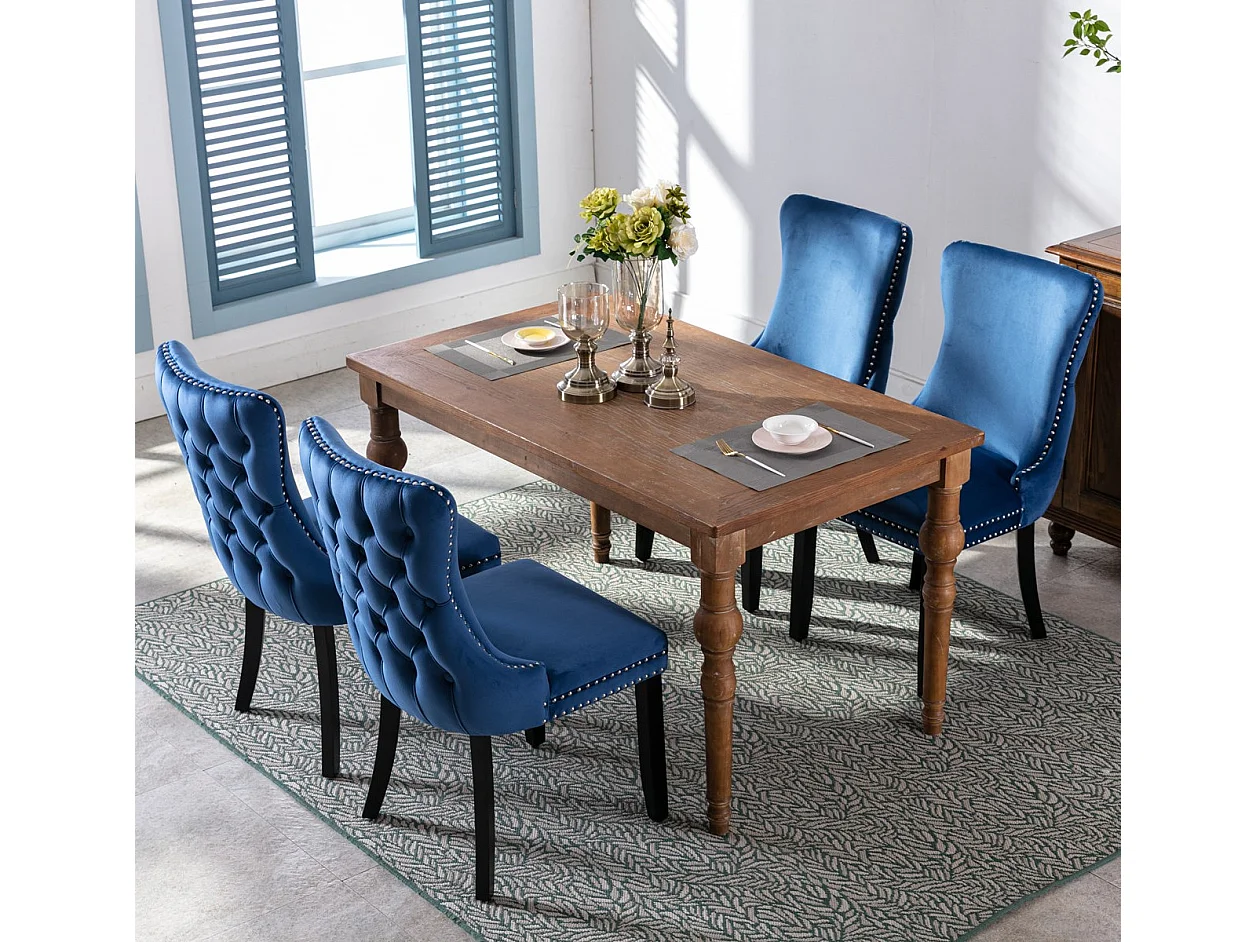 Sierra Set of 4 Wing Back Dining Chairs with Velvet Tufted and Oak Wood Legs